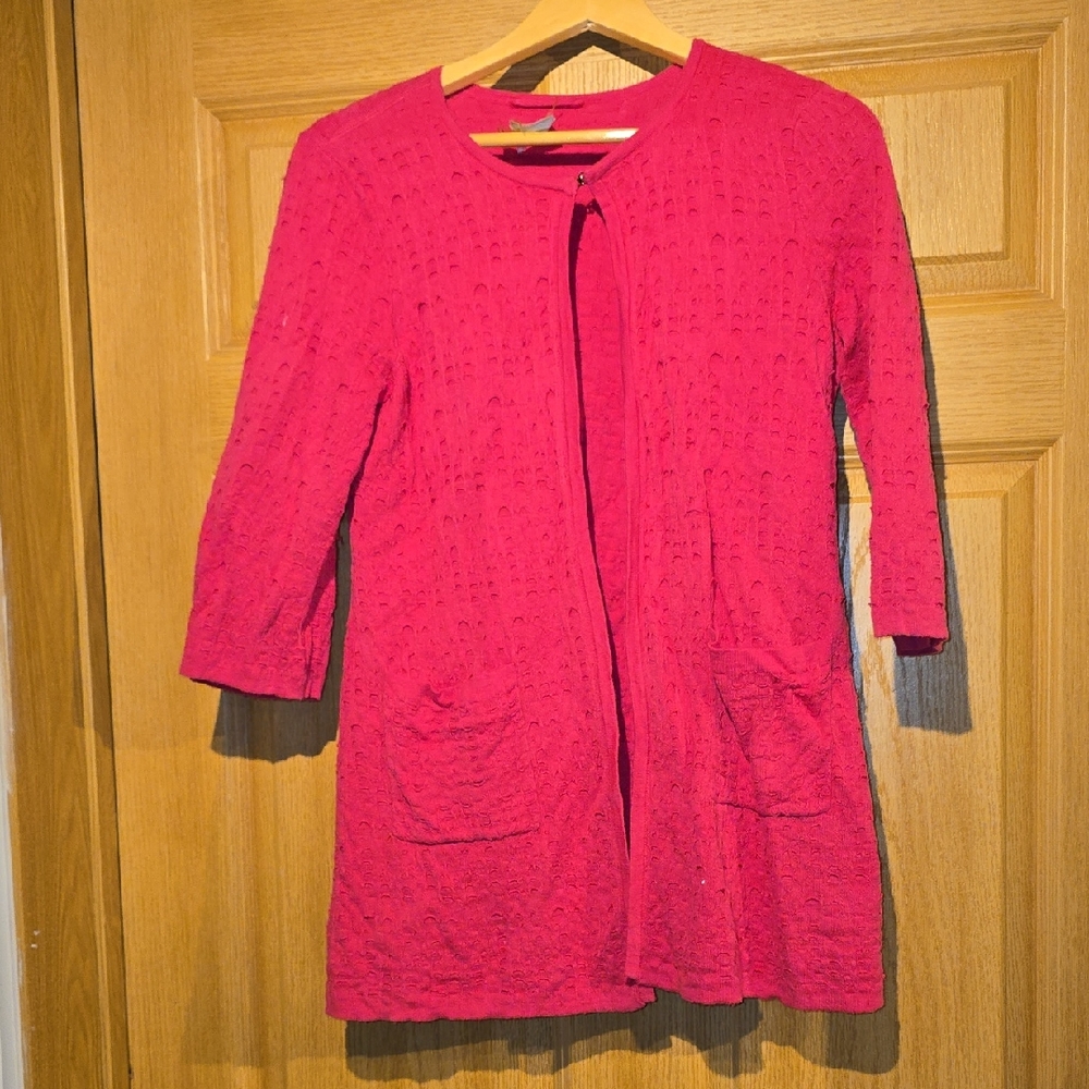 Damask Open-Front Fuchsia Knit Cardigan with Tie Closure and Patch Pockets
